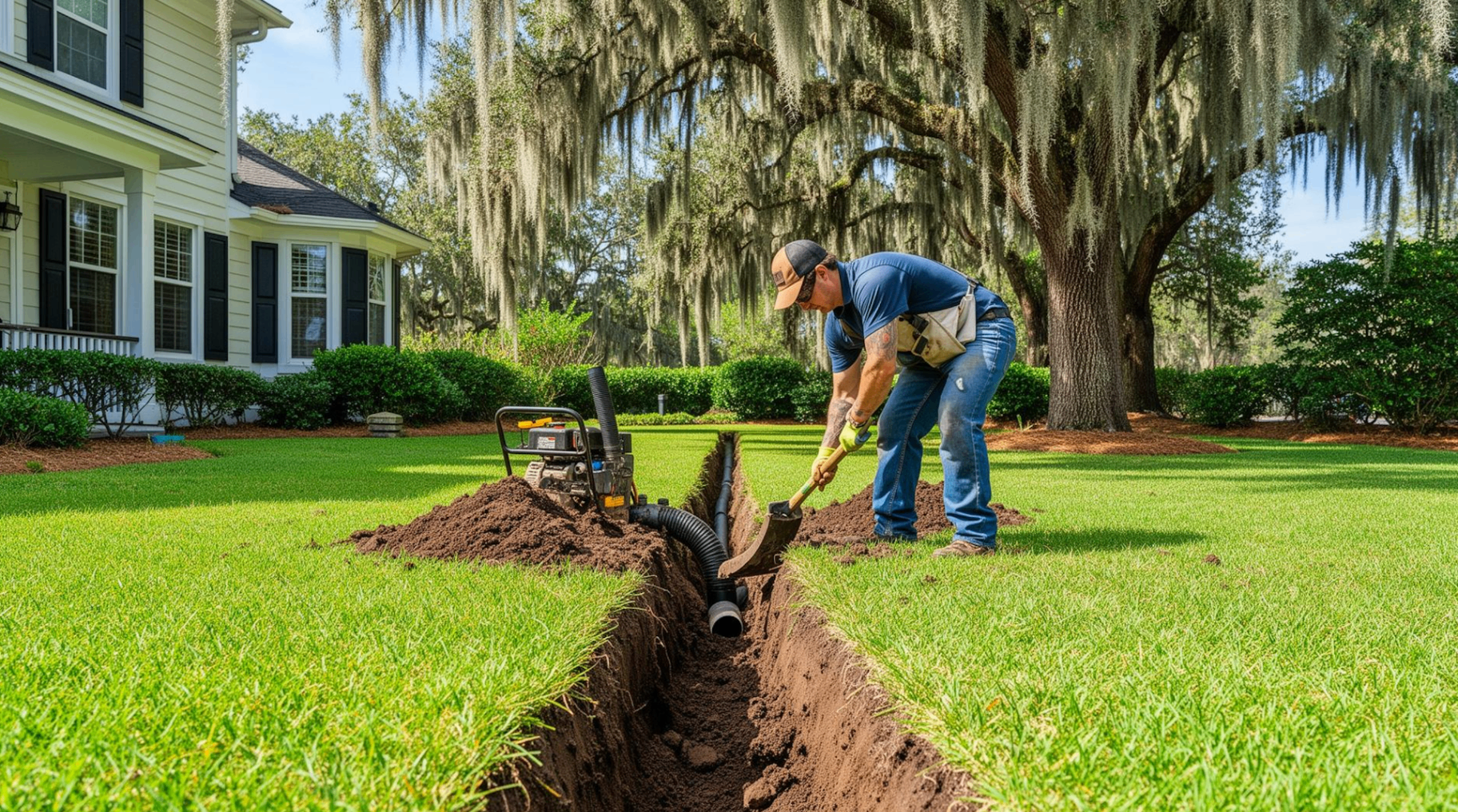 French drain installation along foundation perimeter