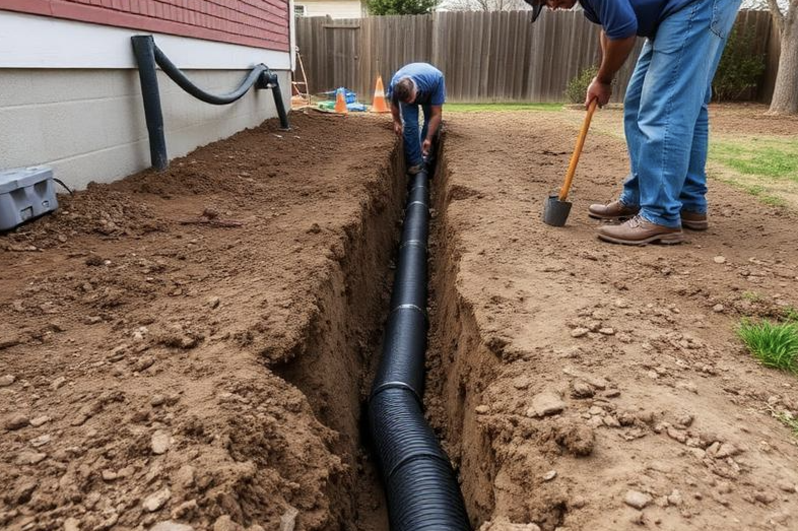 French drain installation along foundation perimeter