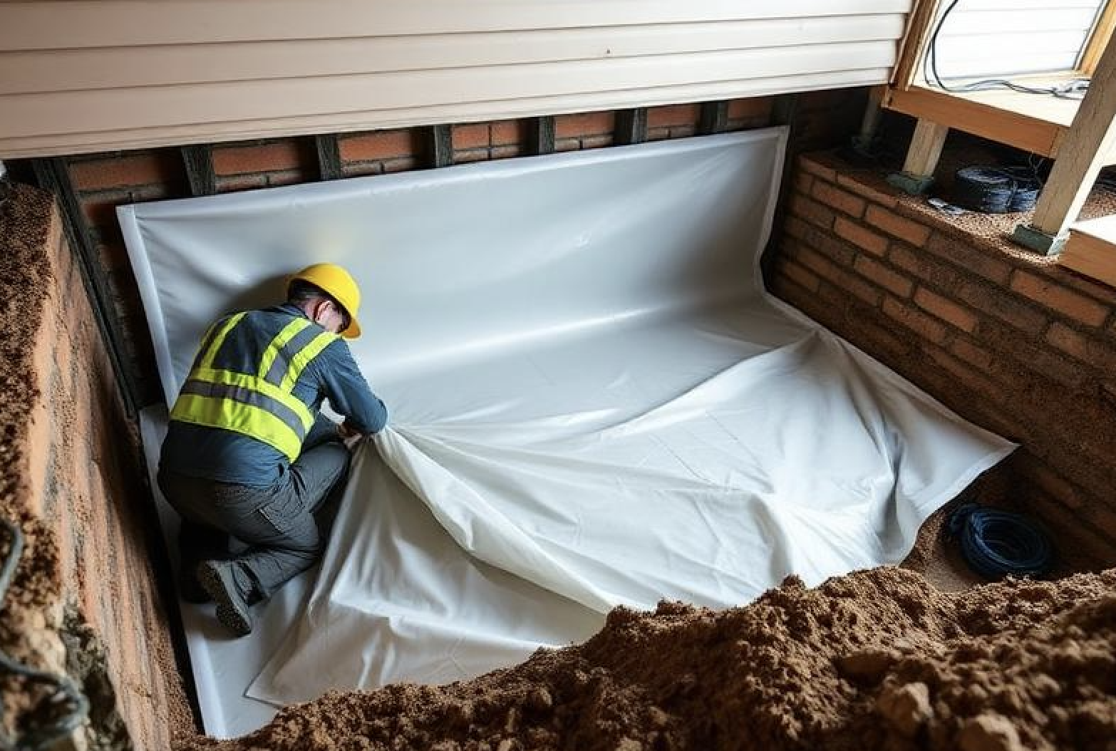 Crawl space waterproofing with vapor barrier installation