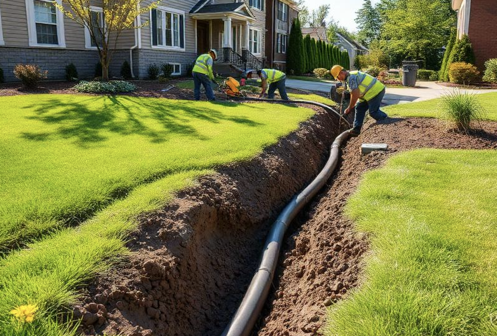 Yard drain installation with drainage pipes in residential lawn